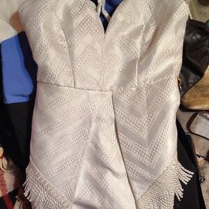 L'ATISTE Strapless Ivory Chevron Dress with Fringe